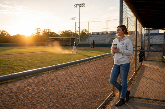 Vintage-inspired sports mom watching her child play during a youth baseball game on a sunny afternoon.