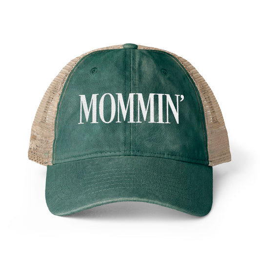 MOMMIN’ Washed Mesh Back Trucker Hat | Vintage Daisy Ponytail Baseball Cap