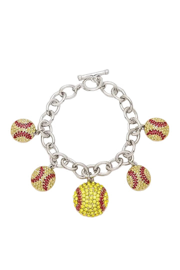 Crystal Softball Charm Bracelet | Sparkly Softball Toggle Bracelet