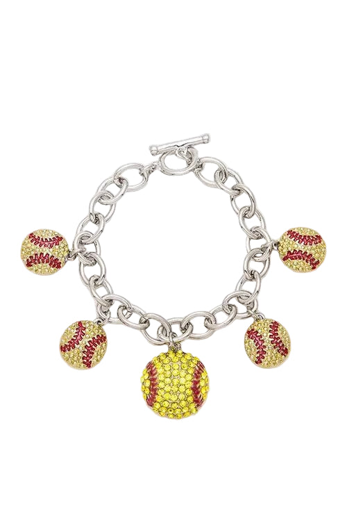 Crystal Softball Charm Bracelet | Sparkly Softball Toggle Bracelet