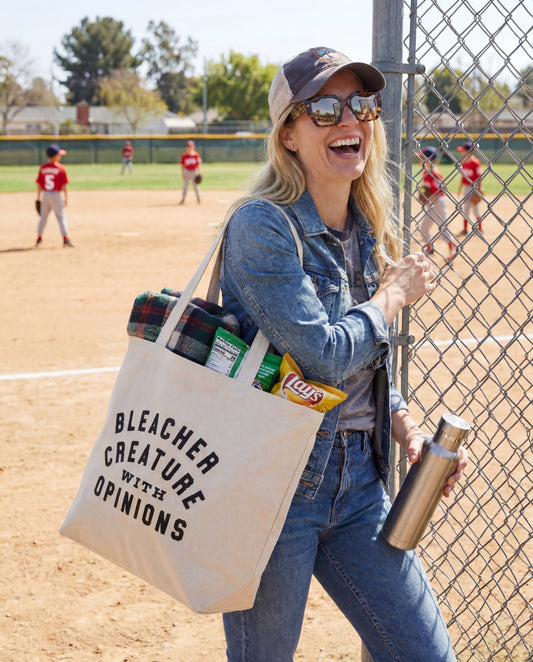Bleacher Creature With Opinions Tote Bag | Funny Sports Mom Canvas Tote