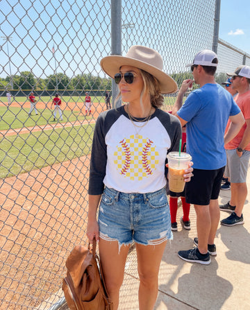 Softball Checkered Stitch Raglan 3/4 Sleeve Shirt