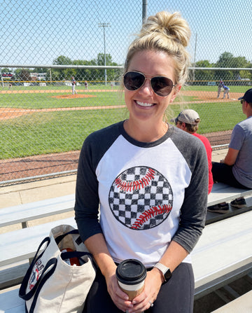 Checkered Baseball Raglan Tee Graphic 3/4 Sleeve Shirt