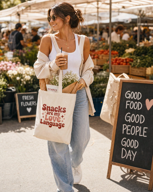 Snacks Are My Love Language Tote Bag | Retro Canvas Market Tote
