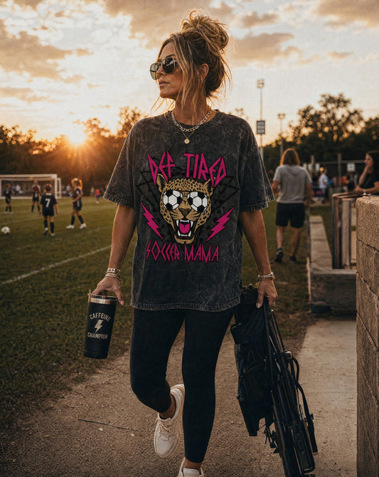 Def Tired Soccer Mama Mineral Wash Tee | Vintage Rock Style Soccer Mom Shirt