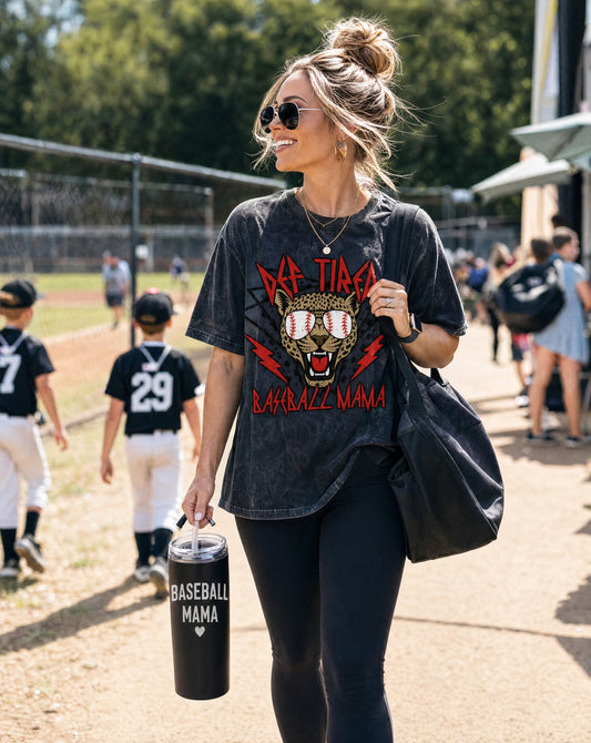Def Tired Baseball Mama Mineral Wash Tee | Vintage Rock Style Baseball Mom Shirt