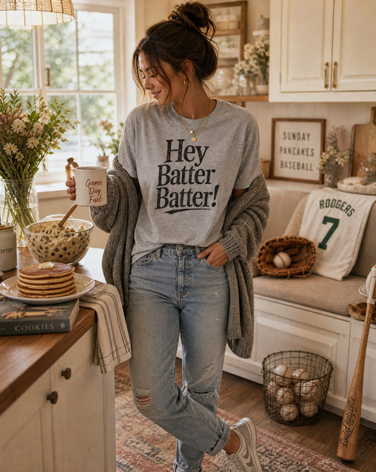 Hey Batter Batter Shirt | Vintage Cozy Baseball Graphic Tee for Women