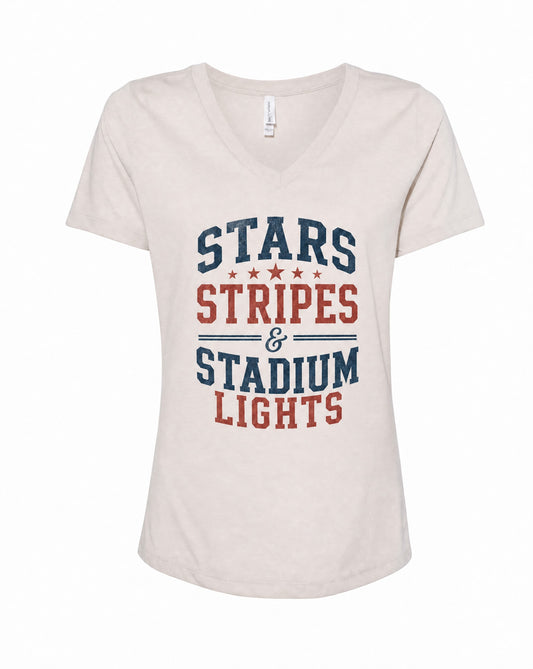 Stars, Stripes & Stadium Lights V-Neck Tee | Patriotic Baseball Shirt