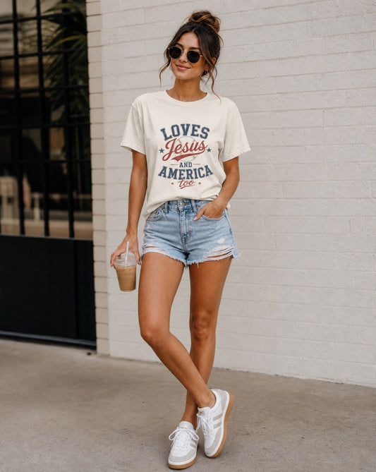 Loves Jesus and America Too T-Shirt | Patriotic Christian Graphic Tee | Faith & Freedom Shirt
