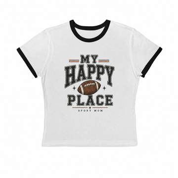 My Happy Place Football Ringer Crop Tee | Women's Sport Mom Cropped T-Shirt | Vintage Football Graphic Tee | Game Day Crop Top