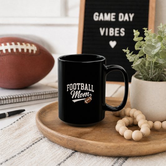 Football Mom Black Coffee Mug, 15oz