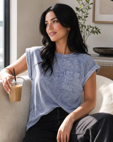 Zenana Halo Snow Washed Cotton Cuffed Short Sleeve Top