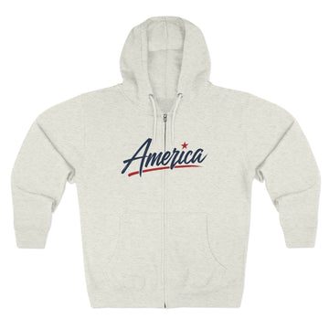 America Script Zip Hoodie | Vintage Patriotic USA Americana Full Zip Sweatshirt