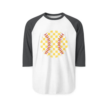 Softball Checkered Stitch Raglan Tee | Vintage Softball Mom 3/4 Sleeve Shirt
