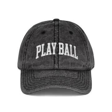 Play Ball Vintage Baseball Cap | Washed Black Embroidered Sports Hat
