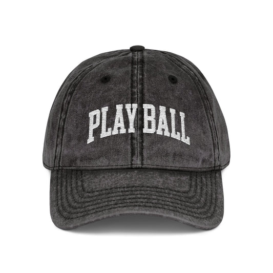 Play Ball Vintage Baseball Cap | Washed Black Embroidered Sports Hat