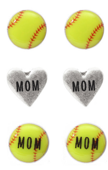 Softball 3 Pair Earring Set | Softball Mom Stud Earrings Set