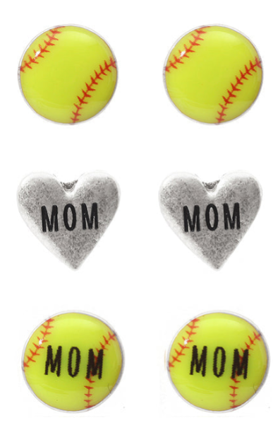 Softball 3 Pair Earring Set | Softball Mom Stud Earrings Set