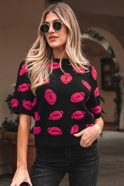 Game Day Football Short Sleeve Sweater | Retro Football Print Puff Sleeve Knit Top