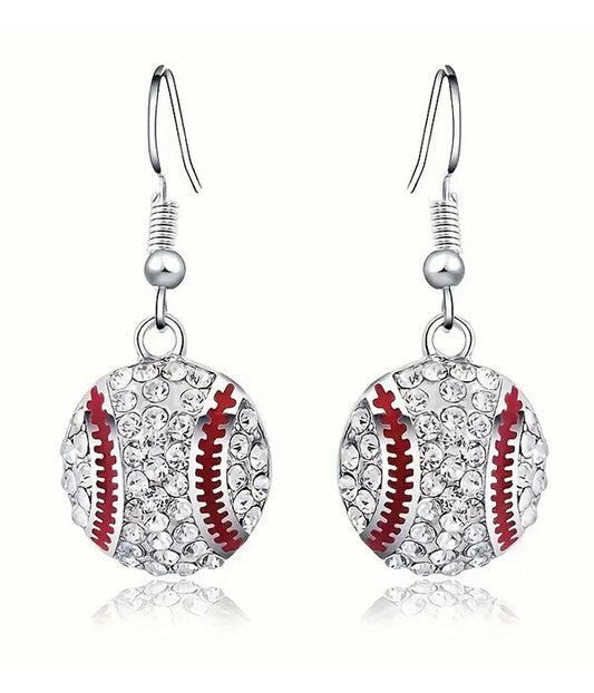 Sport Theme Baseball Earrings | Rhinestone Baseball Dangle Earrings