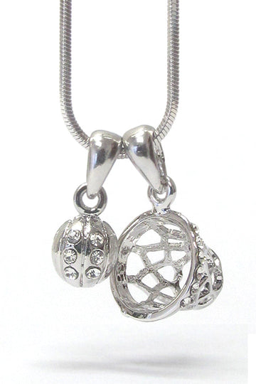 Crystal Basketball Dual Pendant Necklace | White Gold Plated Sports Necklace