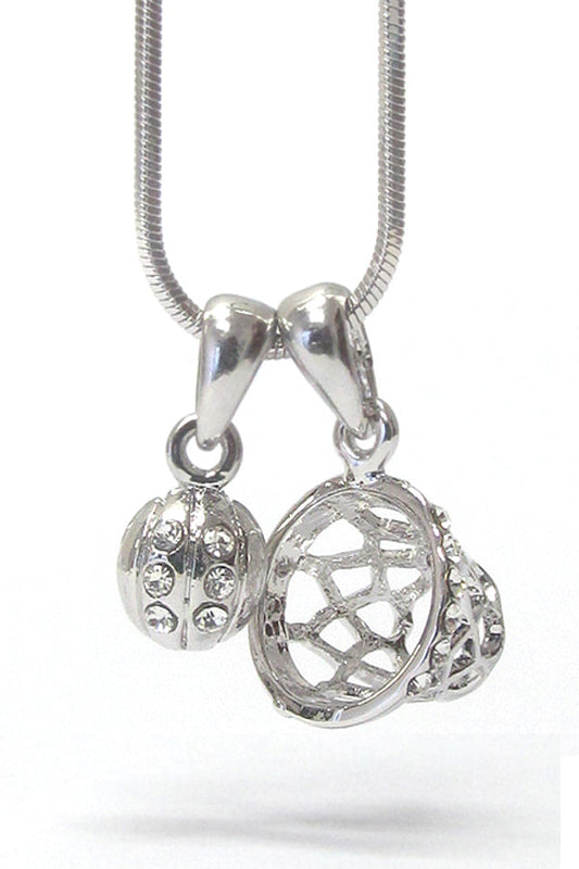 Crystal Basketball Dual Pendant Necklace | White Gold Plated Sports Necklace