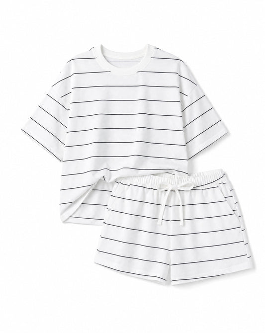 Striped Lounge Set | Relaxed Tee & Drawstring Shorts Matching Set