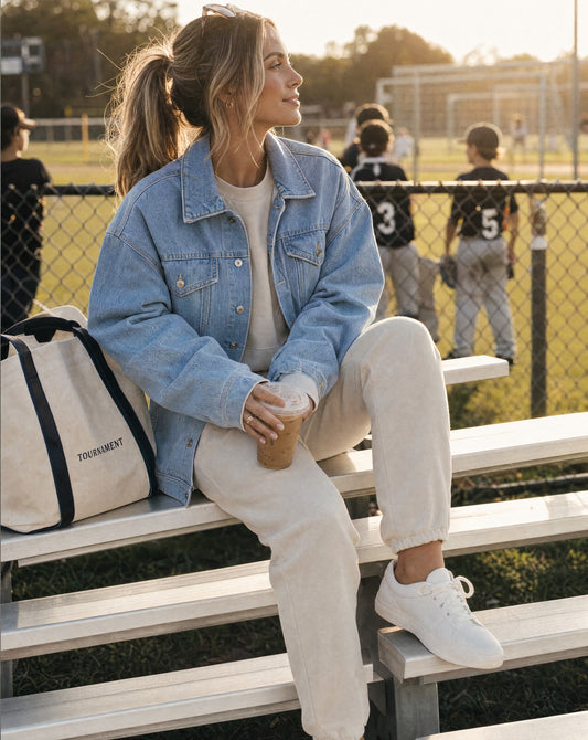 Dropped Shoulder Raw Hem Denim Jacket | Relaxed Sports Mom Layering Jacket