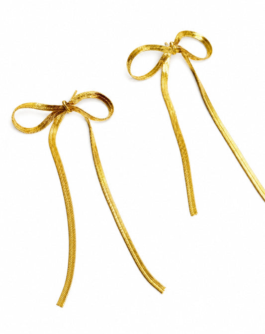 Long Drop Bow Earrings | Minimal Gold Bow Statement Earrings