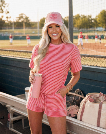 Stripe Side Split Tee & Drawstring Shorts Set