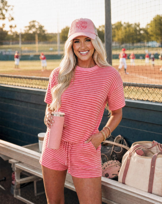 Stripe Side Split Tee & Drawstring Shorts Set | Casual Sports Mom Lounge Set