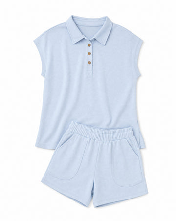 Solid Polo Tee & Elastic Waist Shorts Set | Casual Sports Mom Lounge Set