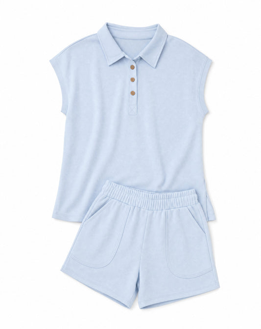 Solid Polo Tee & Elastic Waist Shorts Set | Casual Sports Mom Lounge Set