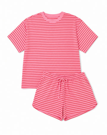 Stripe Side Split Tee & Drawstring Shorts Set | Casual Sports Mom Lounge Set