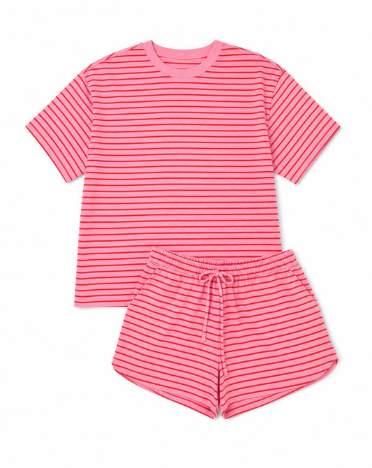 Stripe Side Split Tee & Drawstring Shorts Set | Casual Sports Mom Lounge Set