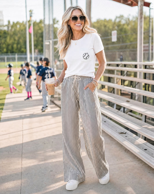 Stripe Wide Leg Elastic Drawstring Pants | Relaxed Sports Mom Lounge Pants