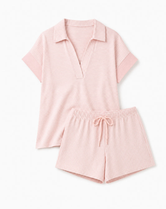 Stripe Dolman Sleeve Polo Shirt & Drawstring Shorts Set