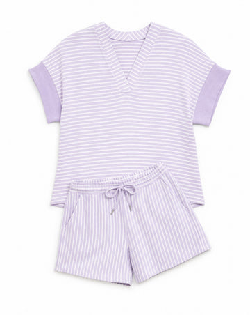 Stripe Dolman Sleeve Polo Shirt & Drawstring Shorts Set | Casual Sports Mom Lounge Set