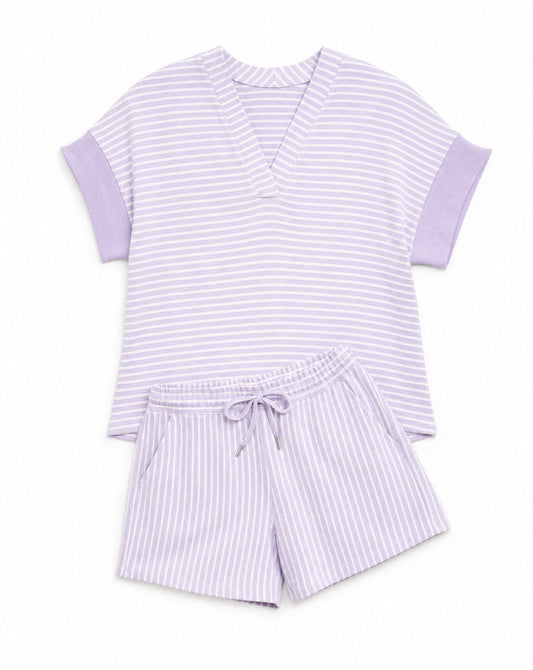 Stripe Dolman Sleeve Polo Shirt & Drawstring Shorts Set | Casual Sports Mom Lounge Set