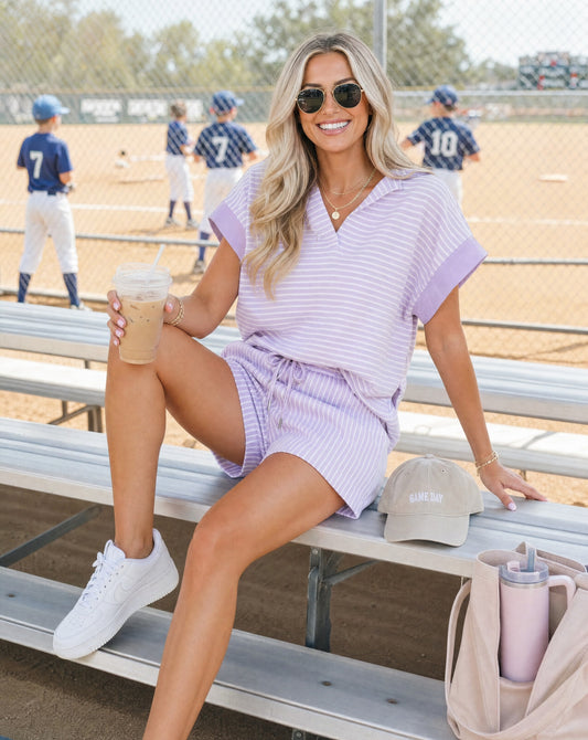 Stripe Dolman Sleeve Polo Shirt & Drawstring Shorts Set | Casual Sports Mom Lounge Set