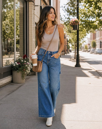 RISEN High Rise Wide Leg Patch Detail Jeans