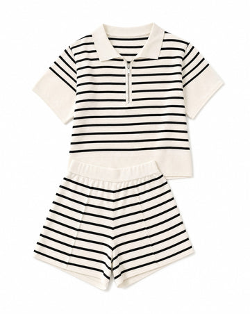 Stripe Colorblock Zip Polo & Drawstring Shorts Set | Relaxed Coastal Lounge Set