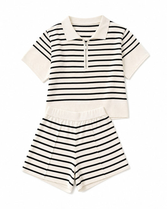 Stripe Colorblock Zip Polo & Drawstring Shorts Set | Relaxed Coastal Lounge Set