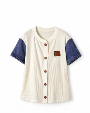 Denim Ribbed Patchwork Short Sleeve Buttoned Shirt | Casual Contrast Button Front Top