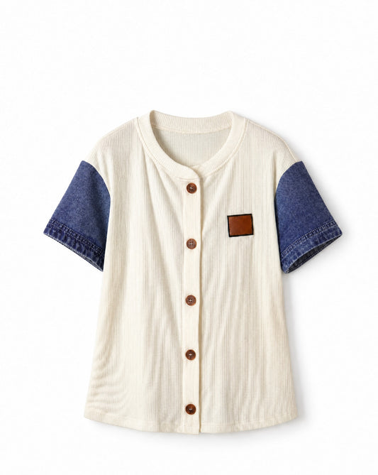 Denim Ribbed Patchwork Short Sleeve Buttoned Shirt | Casual Contrast Button Front Top