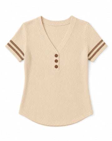 Stripe Contrast Short Sleeve Ribbed V-Neck Sweater