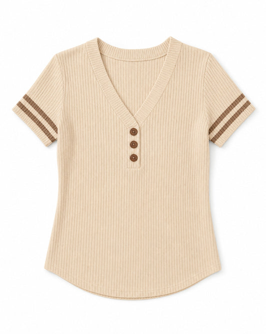 Stripe Contrast Short Sleeve Ribbed V-Neck Sweater