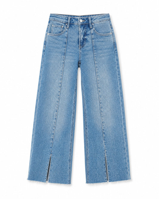 RISEN Tummy Control Mid Rise Crop Wide Front Slit Jeans | Cropped Wide Leg Denim Jeans