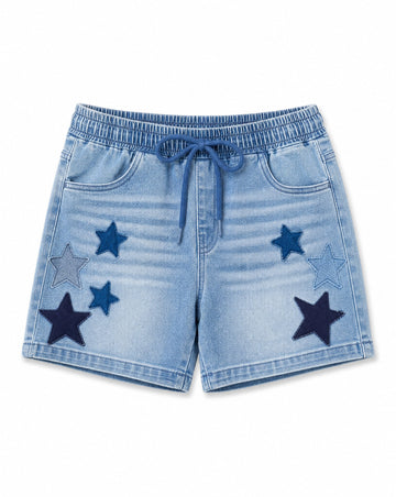 RISEN Elastic Band Slouchy Denim Shorts with Star Patch Details | Relaxed Everyday Denim Shorts