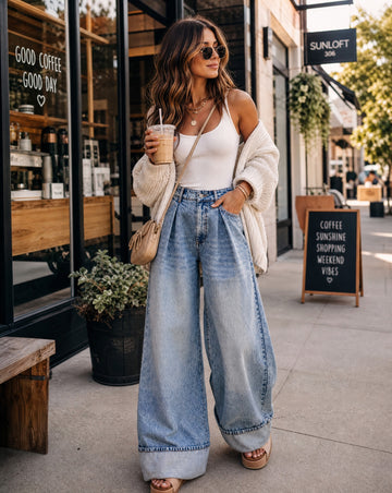 SO ME Mid Rise Pleated Cuffed Wide Leg Statement Jeans